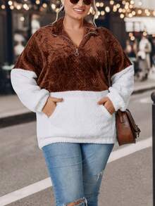 SHEIN LUNE Plus Two Tone Half Zip Teddy Sweatshirt - Multicolor - View 4