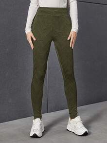 Teen Girl Solid High Waist Leggings - Army Green - View 5