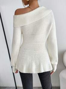 SHEIN Privé Cổ không đối xứng Lưới Thả vai Xoay eo Áo len - trắng - Xem 2