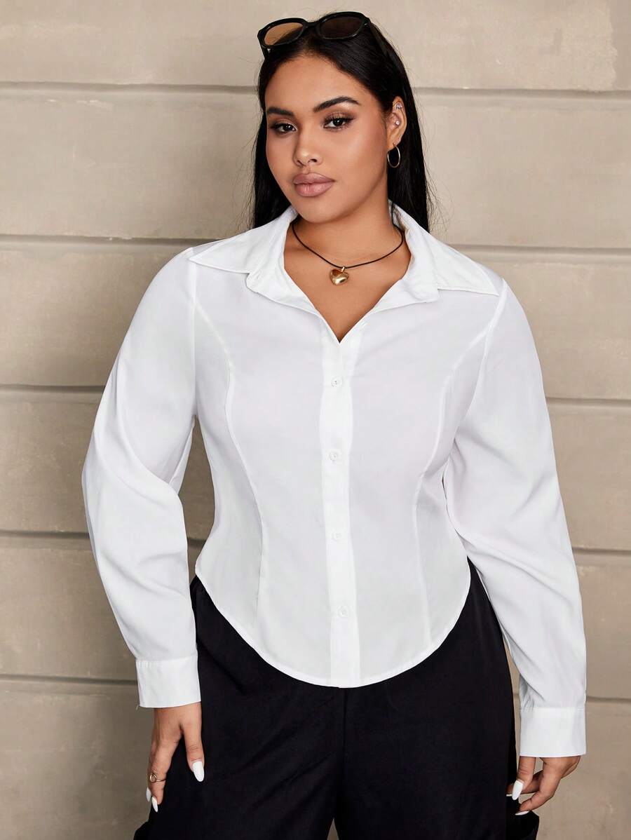 SHEIN EZwear Plus Solid Button Front Shirt - White - View 1