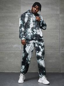 GENTILAND Men Plus Tie Dye Drop Shoulder Drawstring Hoodie & Sweatpants - Multicolor - View 4