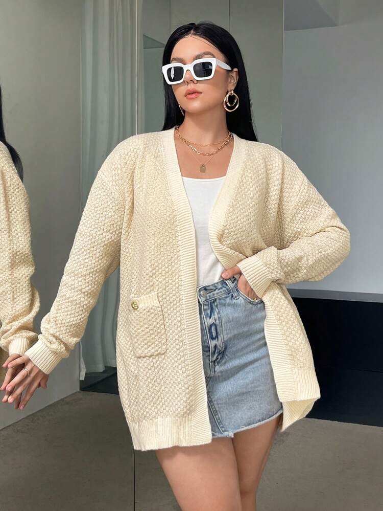 Plus Size Dual Pocket Belted Drop Shoulder Cardigan