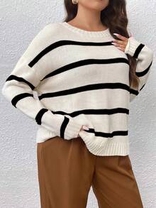 Celure 大碼條紋圖案落肩袖套頭毛衣 - 黑色 - 查看 5