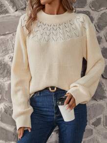 SHEIN LUNE Pointelle Knit Raglan Sleeve Sweater - Beige - View 5