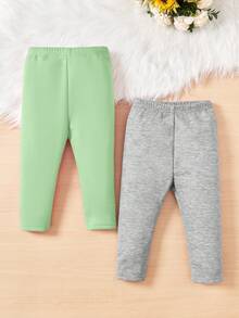 SHEIN 2件套女婴纯色休闲松紧腰裤 - 綠色 - 查看 2