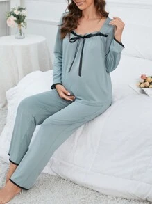 Maternidad Conjunto de pijama unido en contraste con lazo delantero - Verde - Ver 1