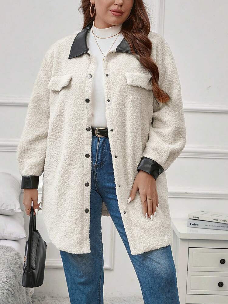 Plus Contrast Trim Drop Shoulder Teddy Coat
