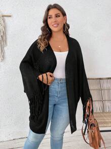 SHEIN VCAY Cárdigan de manga de murciélago con volantes para talla grande - Negro - Ver 1