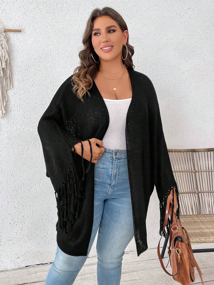 SHEIN VCAY Cárdigan de manga de murciélago con volantes para talla grande - Negro - Ver 1