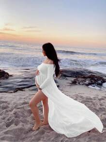 Maternity Off Shoulder Split Thigh Dress With Long Sleeve For Maternity Photoshoot - White - View 5