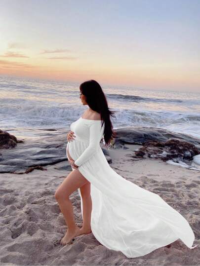 Maternity Off Shoulder Split Thigh Dress With Long Sleeve For Maternity Photoshoot Spring White