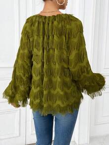 SHEIN Privé 素色流蘇邊燈籠袖襯衫 - 綠色 - 查看 3