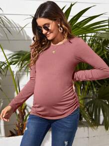 SHEIN Maternity Solid Ruched Slim Fit Tee With Long Sleeve - Redwood - View 1