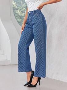 SHEIN Privé High Waist Plaid Wide Leg Jeans - Medium Wash - View 5