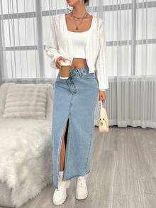SHEIN Privé Pointelle Knit Drop Shoulder Duster Cardigan Without Cami Top - White - View 6