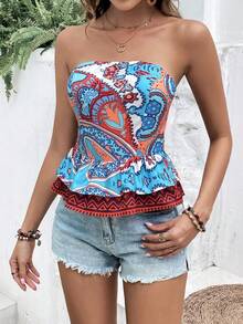SHEIN VCAY Top bandeau con estampado geométrico bajo con fruncido - Multicolor - Ver 5