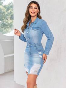 SHEIN Privé Ripped Raw Hem Denim Dress - Light Wash - View 6