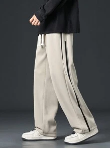 Men Contrast Tape Side Drawstring Waist Pants, For Fall - Apricot - View 1