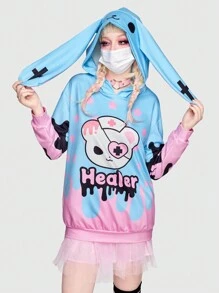 ROMWE Kawaii Cartoon Graphic Drop Shoulder Hoodie Without Skirt - Multicolor - View 6