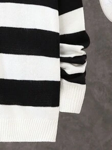 SHEIN 男大童條紋圖案落肩袖拉鍊開襟衫 - 黑與白 - 查看 3