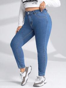 SHEIN EZwear Cộng với quần jean skinny có khóa kéo - Rửa trung bình - Xem 2