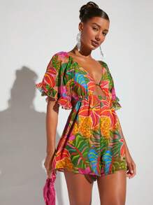 SHEIN VCAY 熱帶印花正面鏤空荷葉邊袖連身衣 - 彩色 - 查看 5
