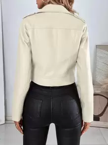 SHEIN Essnce Solid Color Pocket Zipper Belted Casual Fashion Long Sleeve Jacket - Beige - View 2