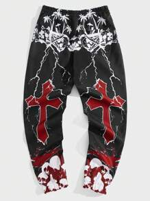 ROMWE MEN Goth Men Cross Lightning Print Drawstring Waist Pants, School - Black - View 2