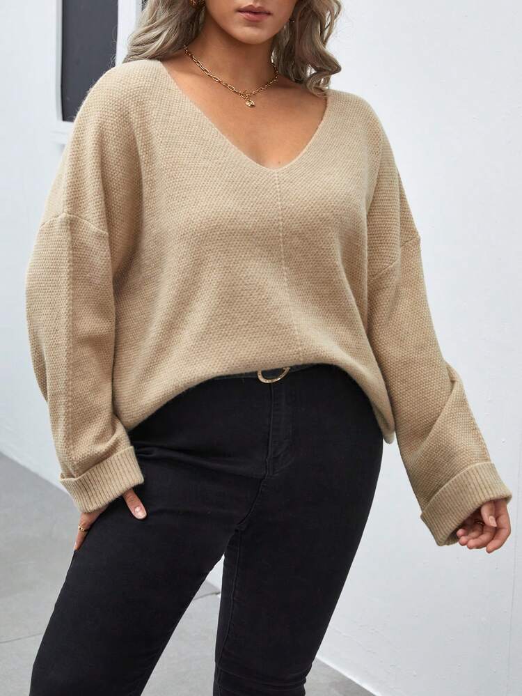 Plus Drop Shoulder Split Hem Sweater