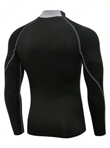 Manfinity Sport Corelite 男友风男士纯色立领插肩袖休闲健身长袖T恤，适合上学、运动、健身等场合，具有压缩、全息、纯色等多种功能，秋季压缩衣透气修身，圆领压缩衣，男士款 - 黑色 - 查看 2