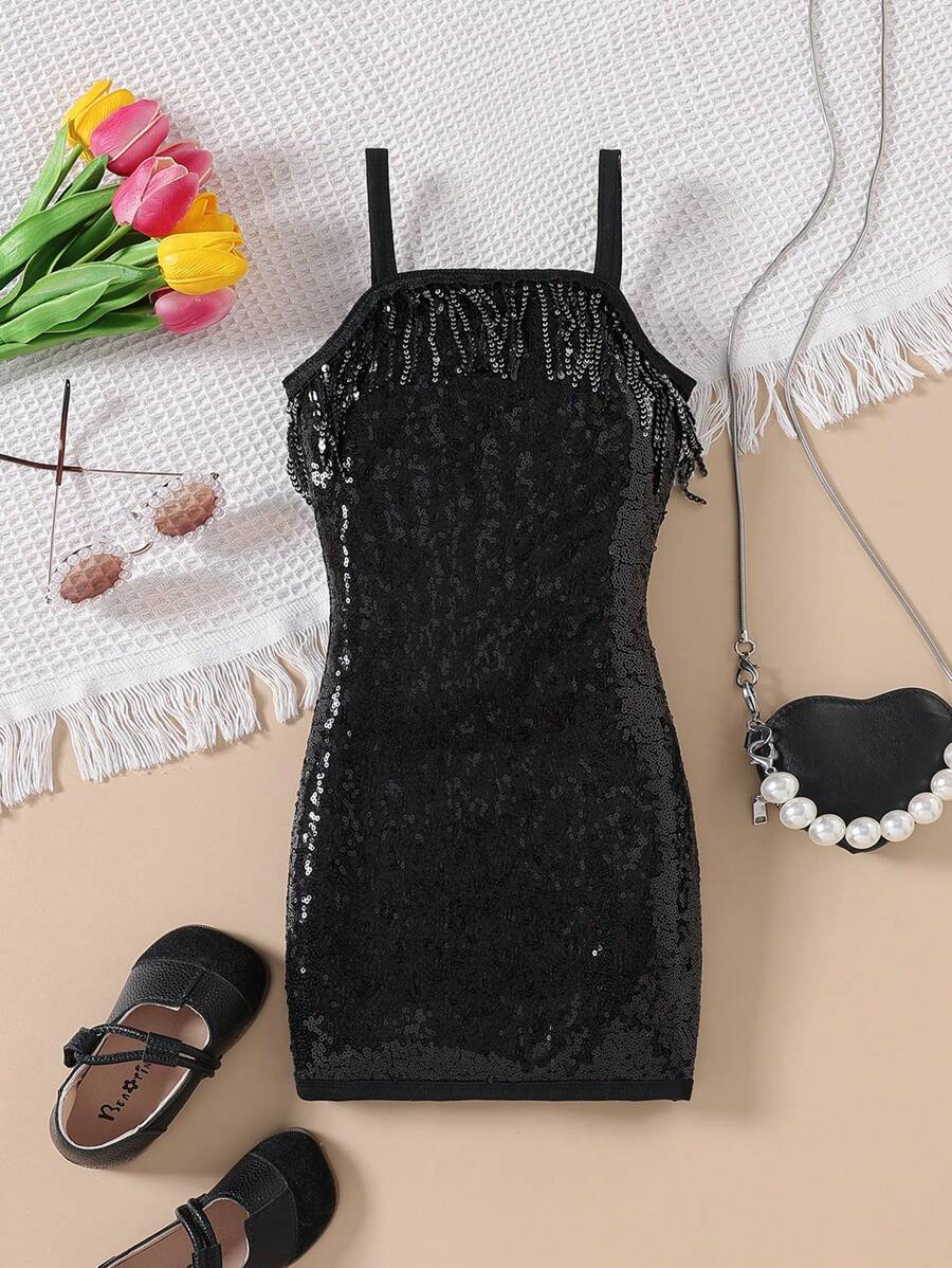 SHEIN 年輕女孩聖誕節亮片流蘇飾吊帶連身裙