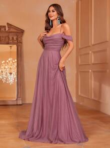 Faeriesty Women Elegant Elegant Cold Shoulder Bridesmaid Gown With Adjustable Rope-Tie Back & Flowing Wide Skirt | Luxury Formal Wear For Weddings, Galas, And Cannes Parties,Summer Holiday Outfits