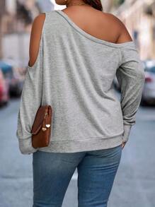 Calvaya 大碼不對稱領肩部挖空運動衫 - 灰色 - 查看 2