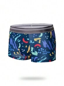 男士滿版印花條紋織帶腰平角內褲 - 藏蓝色 - 查看 1