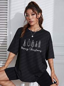 SHEIN EZwear 圣诞印花落肩 T 恤 图案 T 恤 女式上衣 - 黑色 - 查看 3