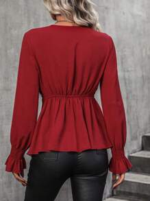 SHEIN Clasi Surplice Neck Flare Sleeve Peplum Blouse - Burgundy - View 2