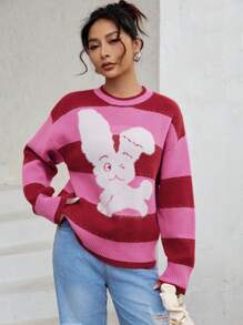 SHEIN Unity Cartoon Pattern Drop Shoulder Sweater - Hot Pink - View 2