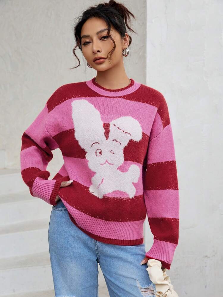 Cartoon Pattern Drop Shoulder Knit Pullover Fall Winter Sweater