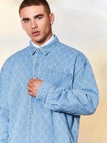 Manfinity Hypemode Loose Fit Men's Pocket Patched Denim Shirt - Light Wash - View 3