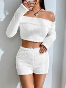 SHEIN EZwear 一字肩短款法蘭絨上衣和短褲 - 白色 - 查看 5