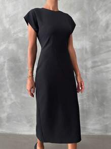 SHEIN Cottnline 素色蝙蝠袖緊身洋裝 - 黑色 - 查看 3