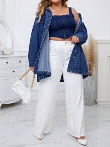 SHEIN Essnce Plus Zip Up Bandana Hem Crop Denim Top - Medium Wash - View 3