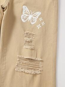 女大童蝴蝶印花破洞牛仔褲 - 卡其色 - 查看 7