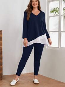 EMERY ROSE Plus Contrast Panel Top & Pants - Navy Blue - View 5
