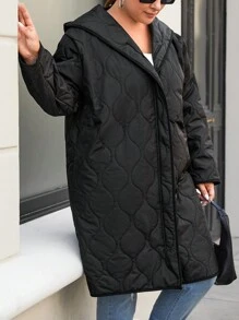 SHEIN Cottnline Plus Zip Up Hooded Quilted Coat - Black - View 5
