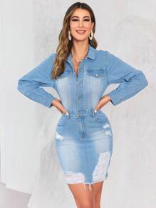 SHEIN Privé Ripped Raw Hem Denim Dress - Light Wash - View 3