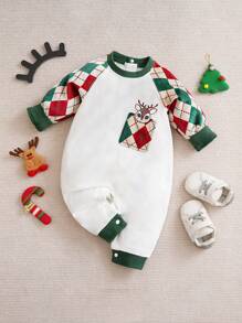 Yierying Baby Boy Deer & Argyle Print Raglan Sleeve Jumpsuit - Multicolor - View 1