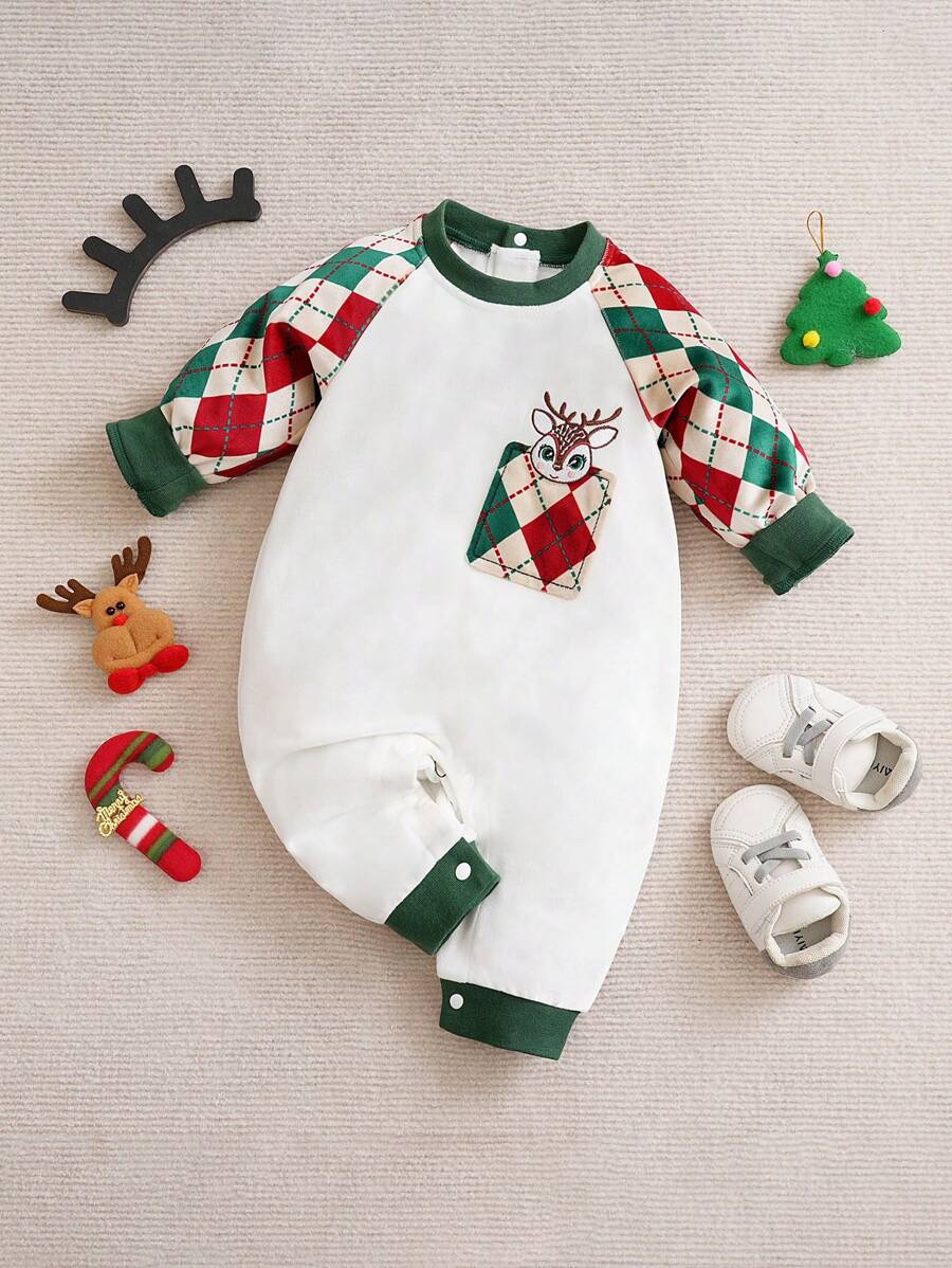 Yierying Baby Boy Deer & Argyle Print Raglan Sleeve Jumpsuit - Multicolor - View 1