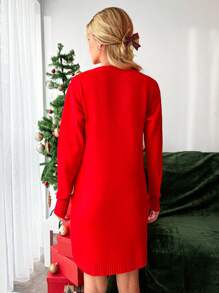 SHEIN Cottnline Christmas Tree Pattern Drop Shoulder Sweater Dress - Red - View 3