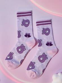 SHEIN X Care Bears 2 Pairs Women Striped & Heart Design Mid Calf Socks, Purple & Pink